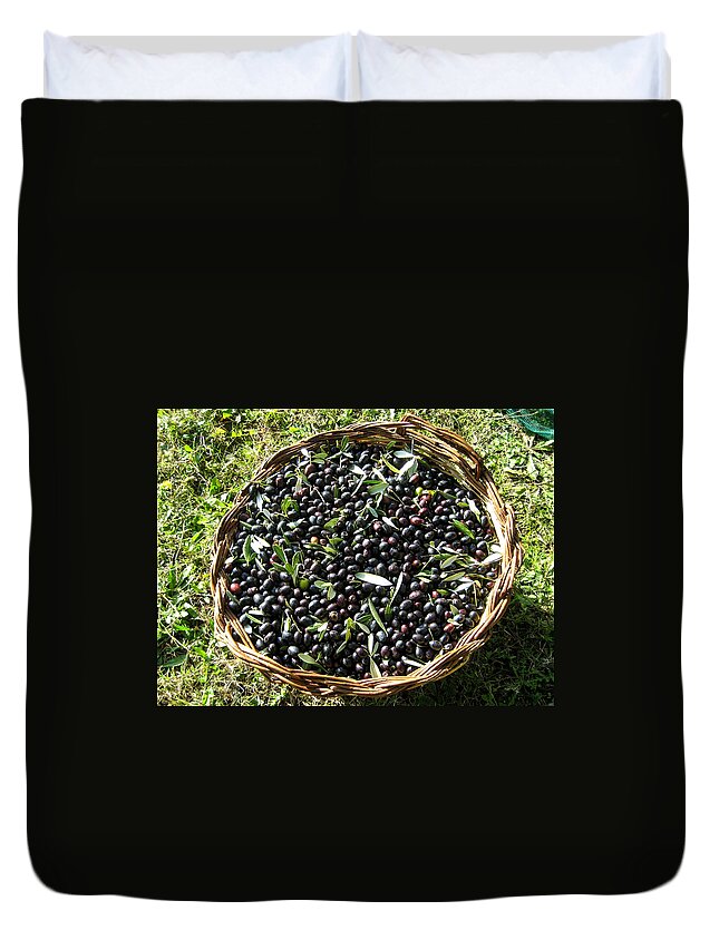 Olive Duvet Cover featuring the photograph After the harvest by Dany Lison