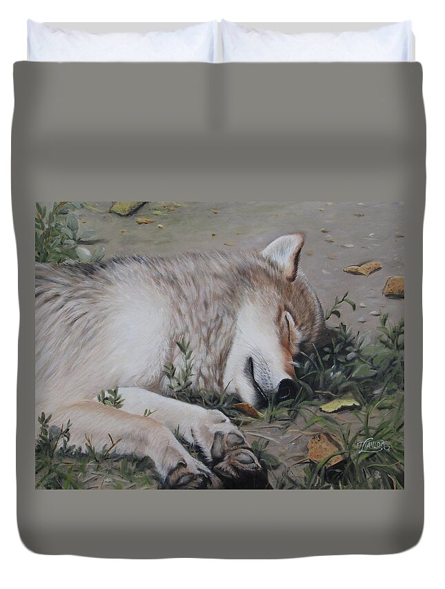 Wolf Duvet Cover featuring the painting Afternoon Nap by Tammy Taylor