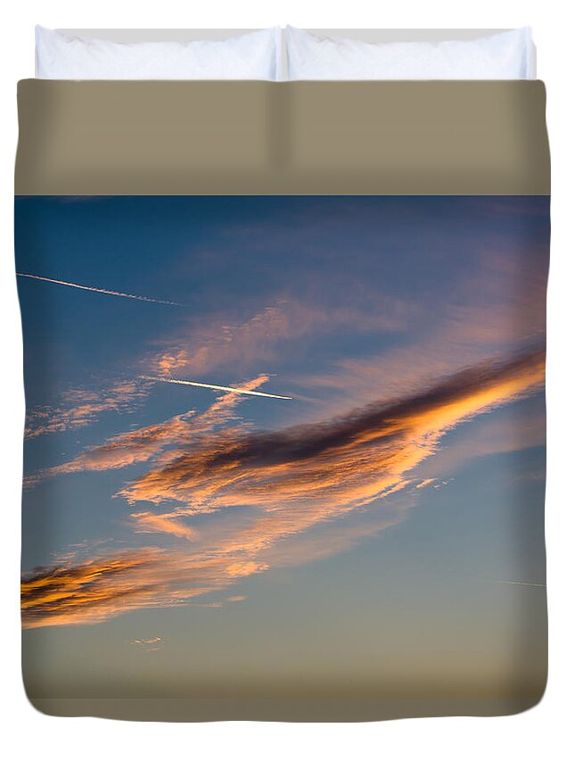 Airplane Duvet Cover featuring the photograph Airplane And Sunset Clouds by Andreas Berthold