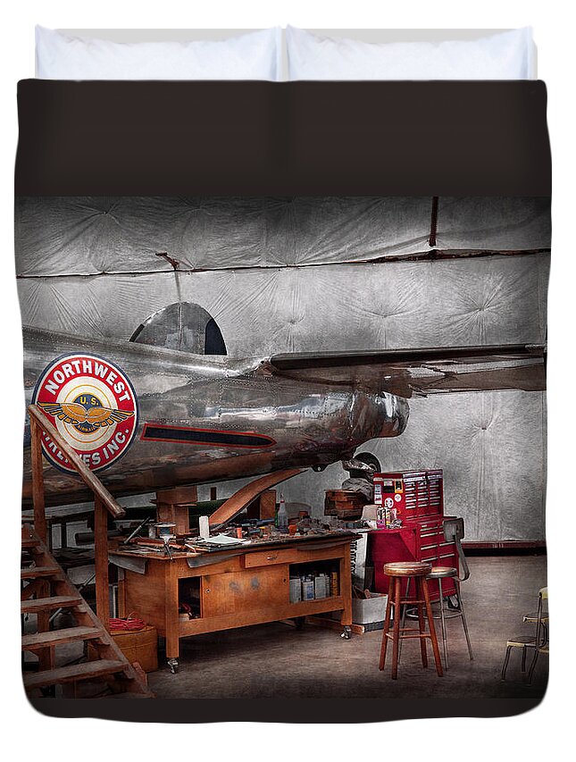 Plane Duvet Cover featuring the photograph Airplane - The repair hanger by Mike Savad