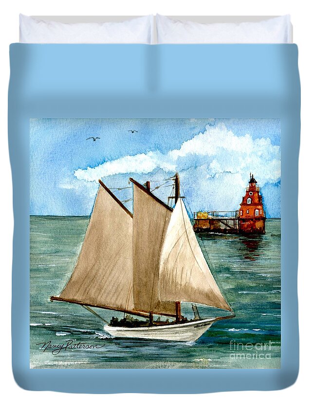 Ship John Shoal Lighthouse Duvet Cover featuring the painting AJ Meerwald Passing Ship John Shoal Lighthouse by Nancy Patterson