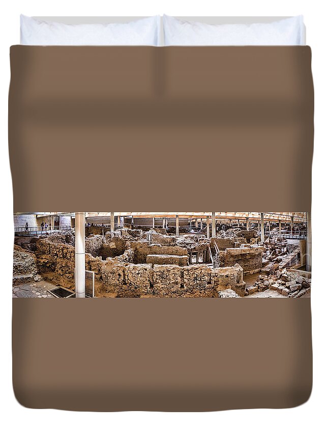 Panorama Duvet Cover featuring the photograph Akrotiri Archaeological Site in Santorini by David Smith