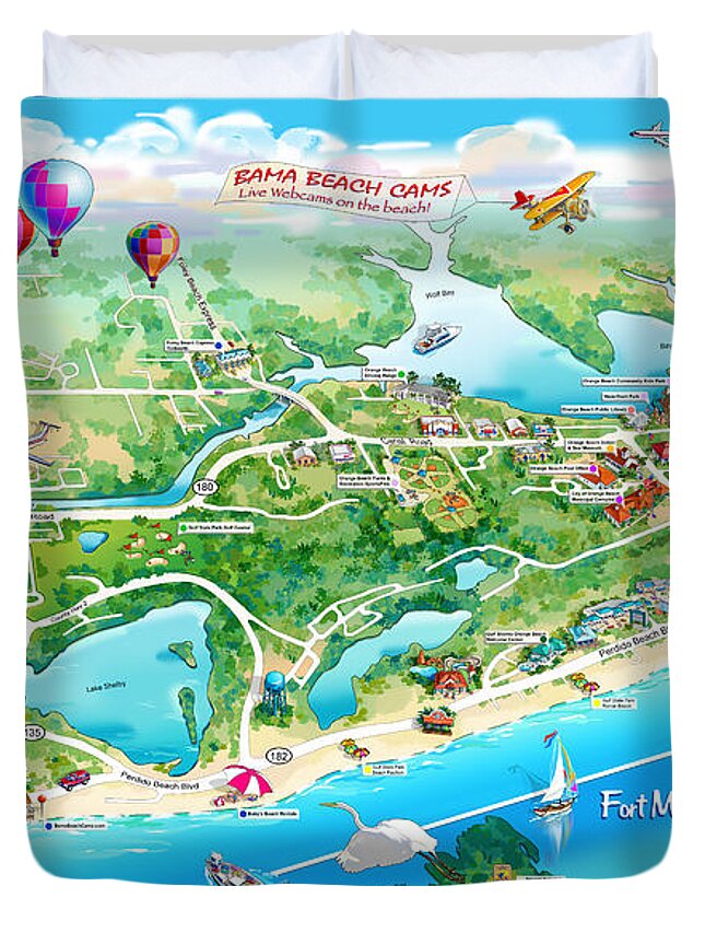 Alabama Beach Illustrated Map Duvet Cover featuring the painting Alabama Beach Illustrated Map by Maria Rabinky