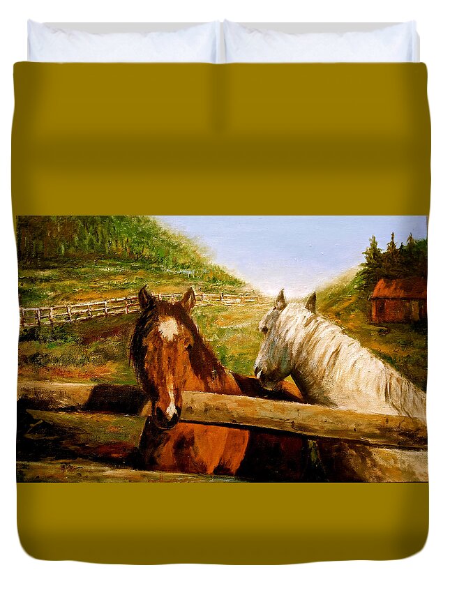 Horses Duvet Cover featuring the painting Alberta Horse Farm by Sher Nasser