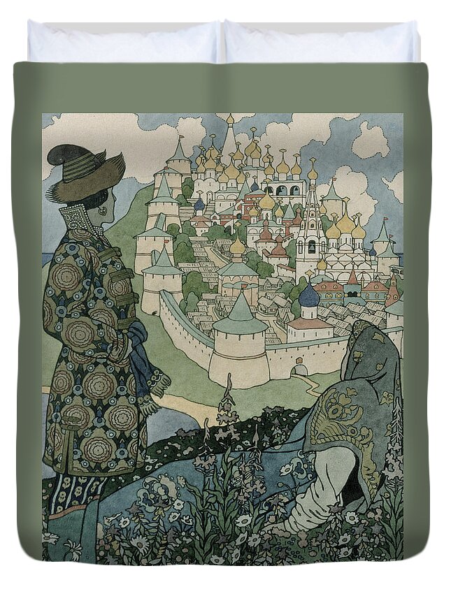 Pushkin Duvet Cover featuring the drawing Alexander Pushkin's Fairytale of the Tsar Saltan by Ivan Jakovlevich Bilibin