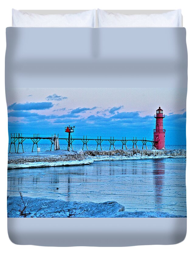 Algoma Duvet Cover featuring the photograph ALGOMA LIGHT after sunset by Janice Adomeit