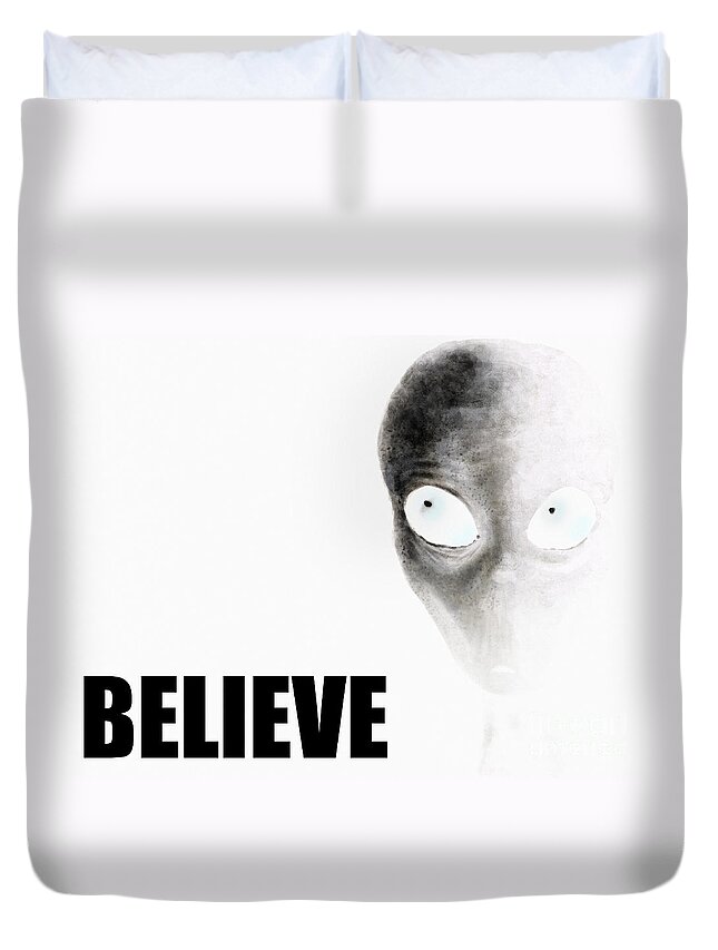 Alien Duvet Cover featuring the painting Alien Grey - Believe Inverted by Pixel Chimp