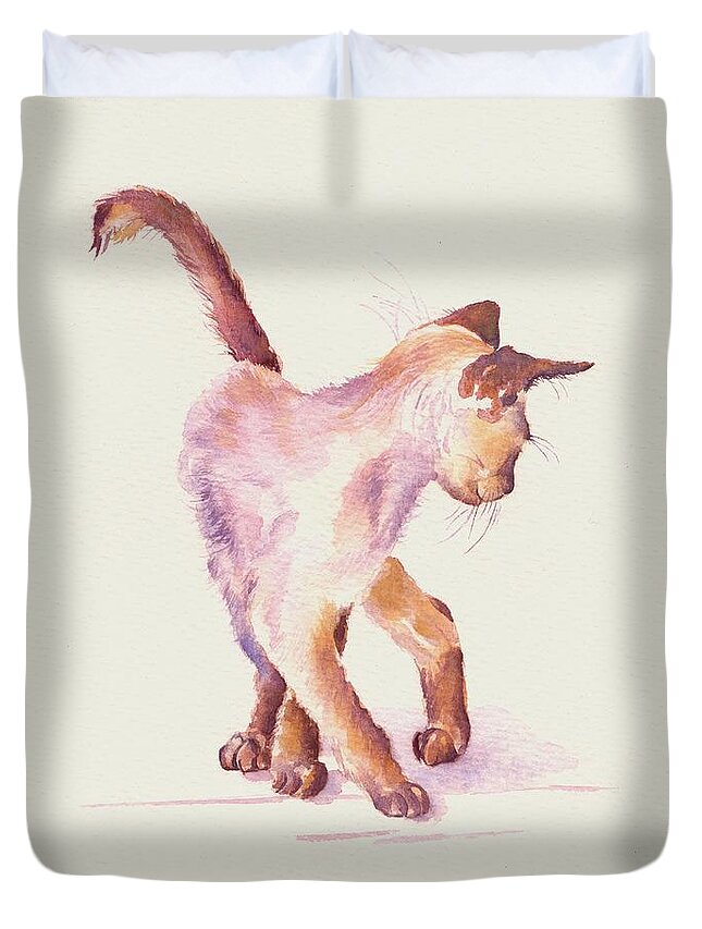 Cats Duvet Cover featuring the painting Siamese Kitten - All Legs and Mischief by Debra Hall