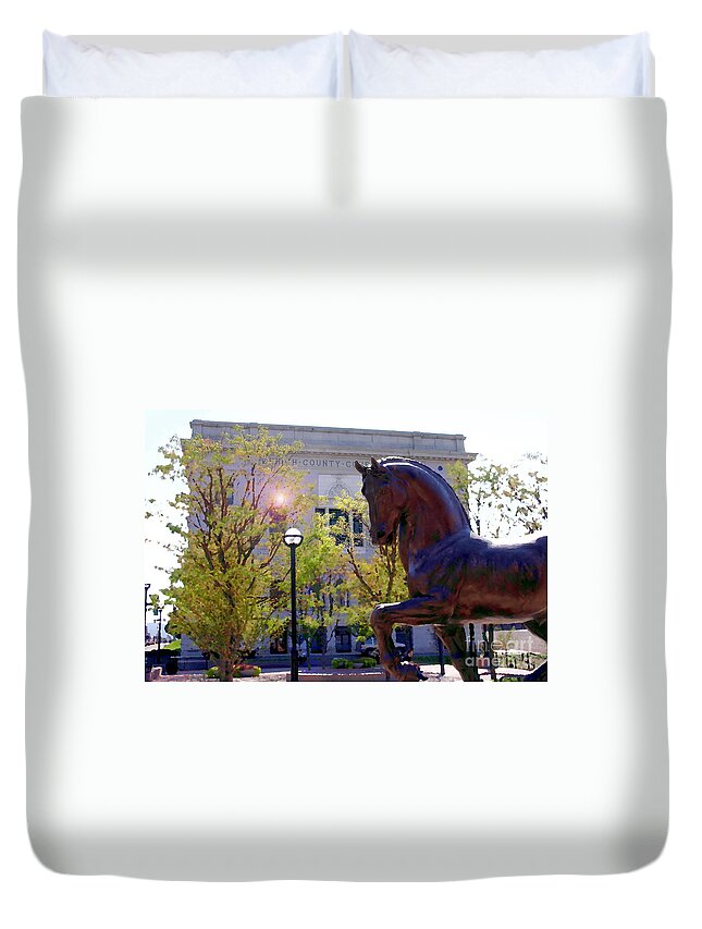 Allentown Pa Duvet Cover featuring the photograph Allentown PA Old Lehigh County Courthouse and DaVinci i Horse by Jacqueline M Lewis