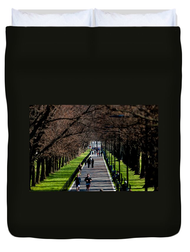 Alley Duvet Cover featuring the photograph Alley Of Trees With Runners And Joggers by Alex Grichenko