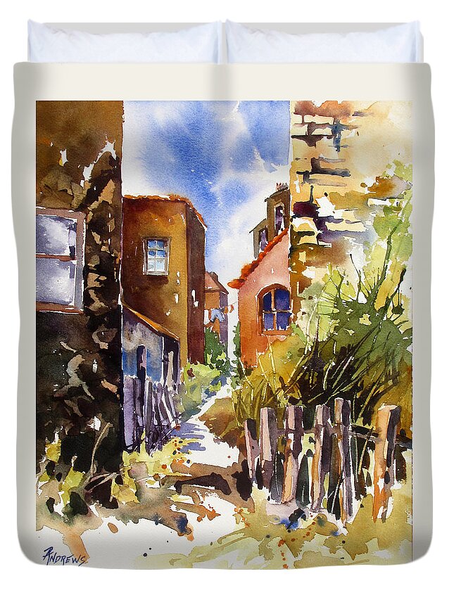 Buildings Duvet Cover featuring the painting Alleyway Charm 2 by Rae Andrews