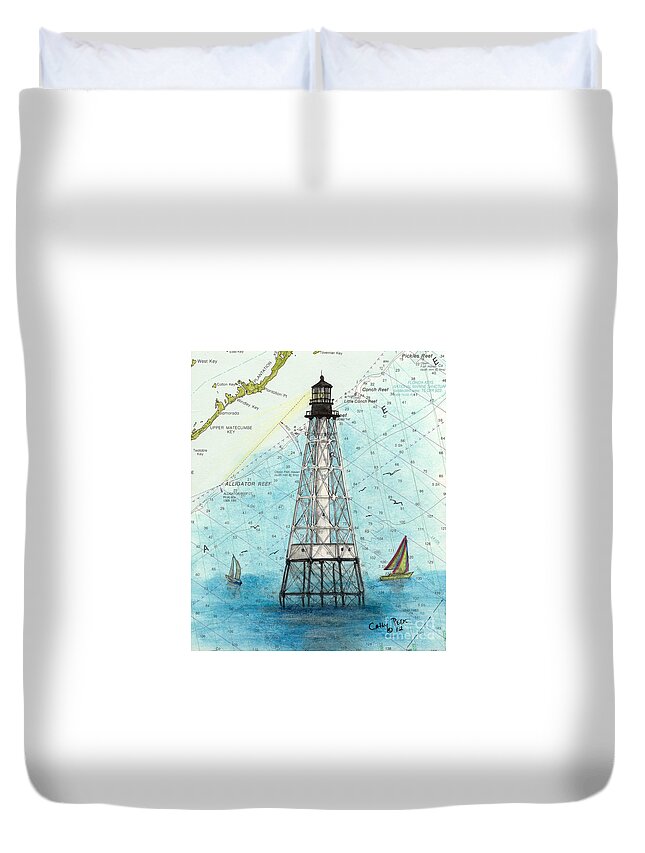 Alligator Duvet Cover featuring the painting Alligator Reef Lighthouse FL Keys Nautical Map Cathy Peek by Cathy Peek