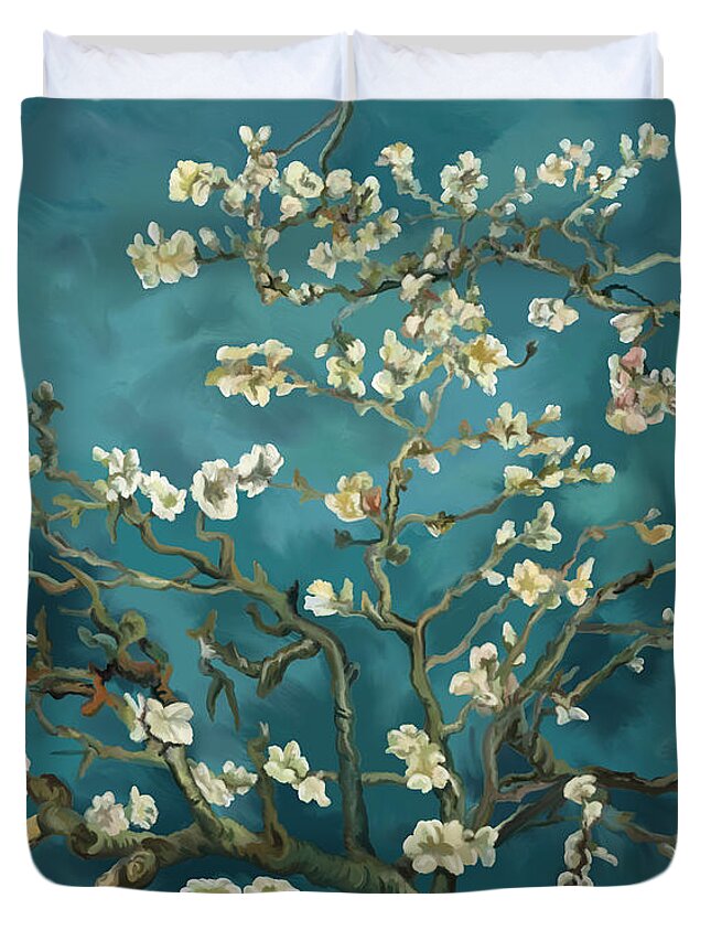 Almond Duvet Cover featuring the painting Almond Blossoms' Reproduction by Tim Gilliland