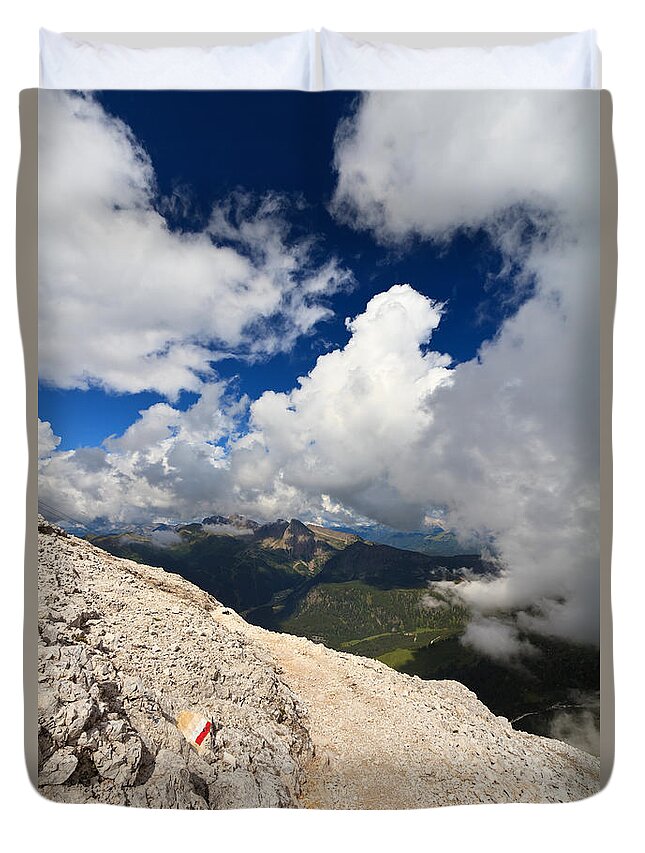 Aerial Duvet Cover featuring the photograph Alpine pathway over the clouds by Antonio Scarpi