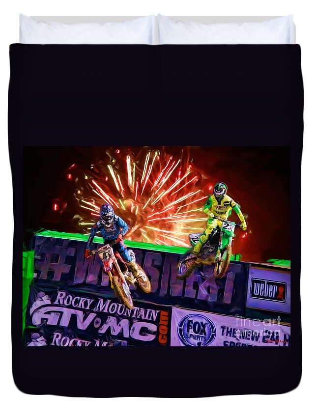Ama 450sx Supercross Duvet Cover featuring the photograph AMA 450SX SuperCross Trey Canard Leads Chad Reed by Blake Richards