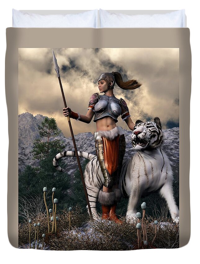 Warrior Girl Duvet Cover featuring the digital art Amazon and White Tiger by Kaylee Mason