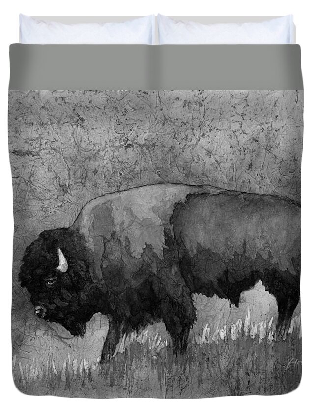Bison Duvet Cover featuring the painting American Buffalo 3 in Black and White by Hailey E Herrera