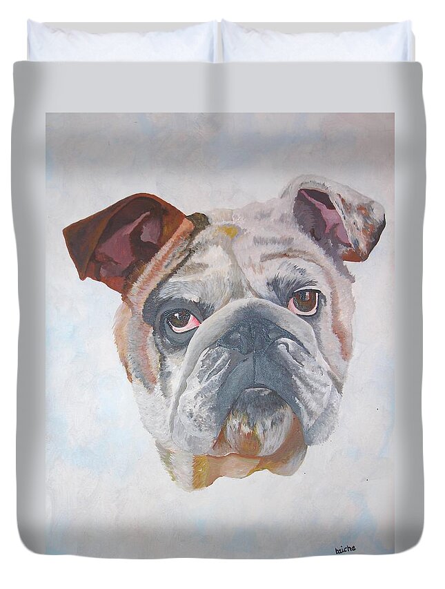 American Bulldog Duvet Cover featuring the painting American Bulldog Pet Portrait by Taiche Acrylic Art