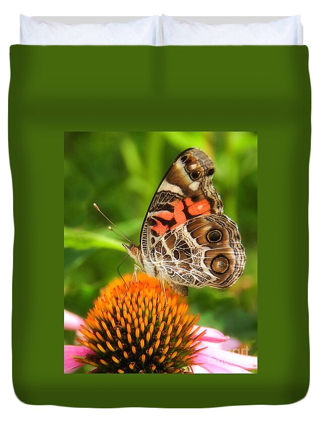 Brown Duvet Cover featuring the photograph American Lady Butterfly by Sharon Woerner