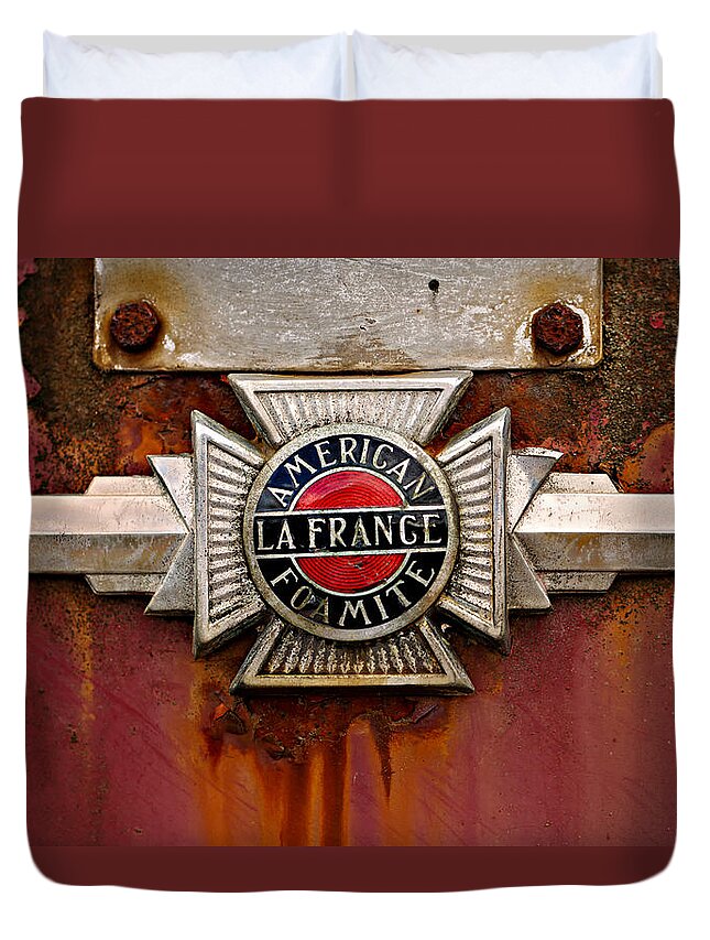 Fire Truck Duvet Cover featuring the photograph American LaFrance Foamite Badge by Mary Jo Allen