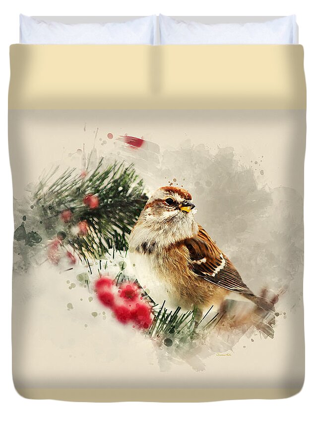 Bird Duvet Cover featuring the mixed media American Tree Sparrow Watercolor Art by Christina Rollo