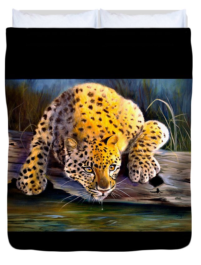 Big Cats Duvet Cover featuring the painting Amur Leopard Spotted Something by Pamela Bergen