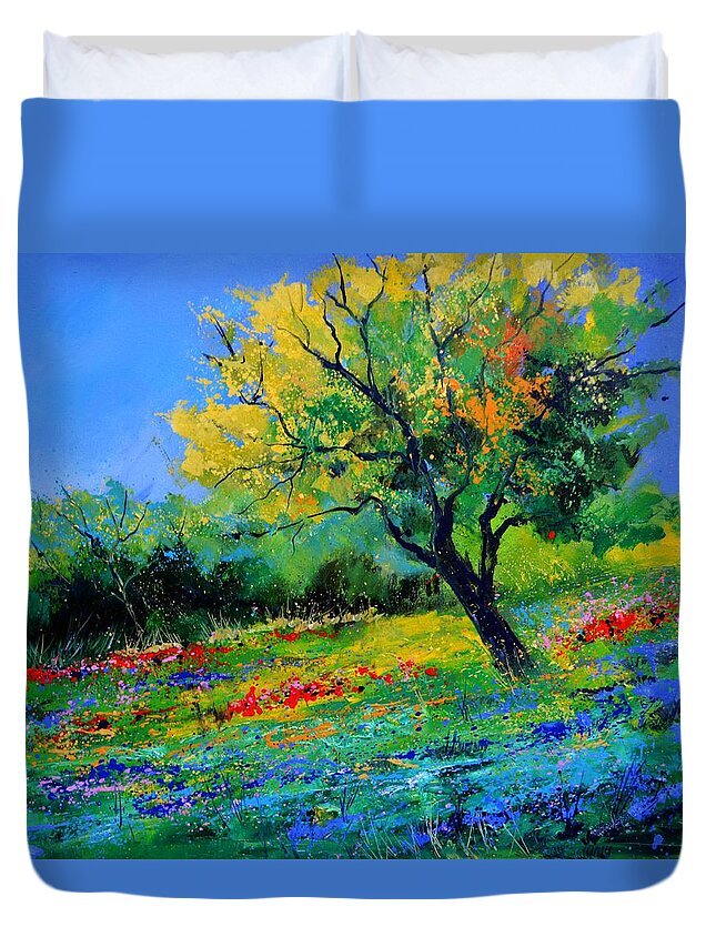 Landscape Duvet Cover featuring the painting An oak amid flowers in Texas by Pol Ledent