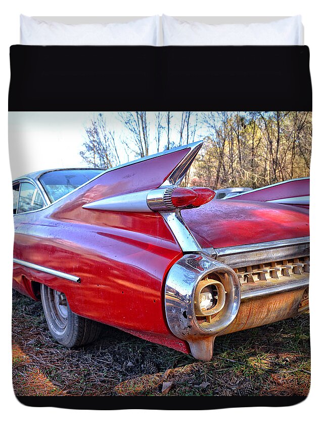 Cadillac Duvet Cover featuring the photograph An Old Red Cadillac by Greg and Chrystal Mimbs