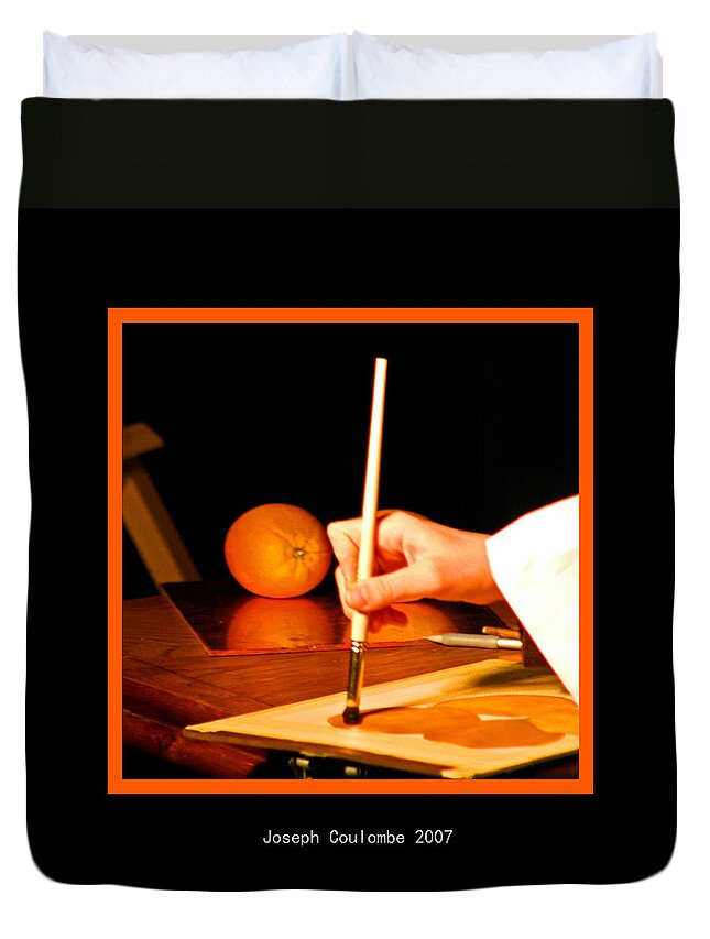 Still Life Duvet Cover featuring the digital art An Orange And A Brush by Joseph Coulombe