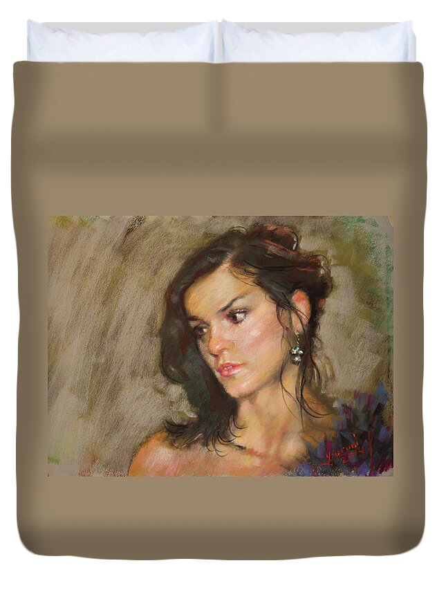 Ana Duvet Cover featuring the pastel Ana with an Earring by Ylli Haruni