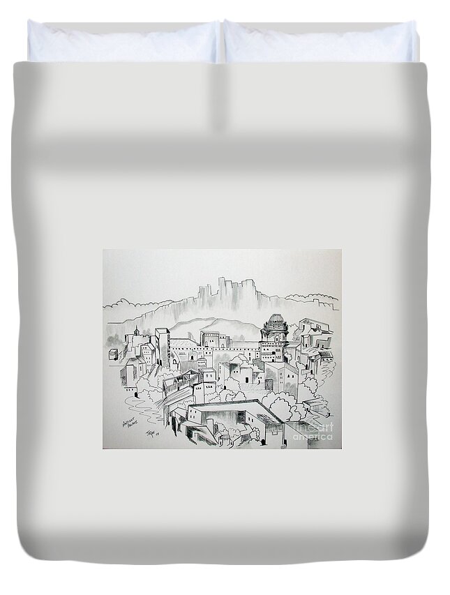Original Duvet Cover featuring the drawing Ancient City in Pen and Ink by Janice Pariza