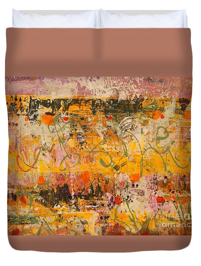 Tiers Of Trees And Plant Forms And Abstract Symbols And Signs....red Dots Duvet Cover featuring the painting Ancient Gardens 4 by Nancy Kane Chapman