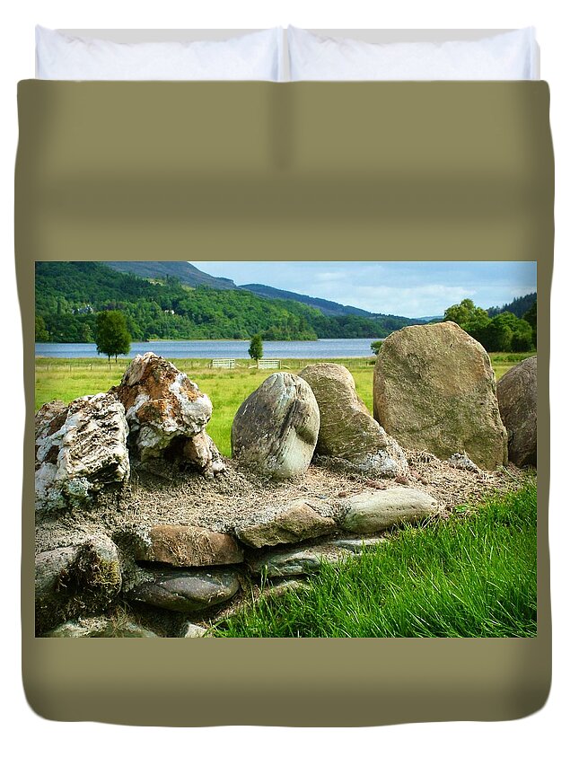 Stone Wall Duvet Cover featuring the photograph Ancient Stone Wall At Loch Achray by Joan-Violet Stretch