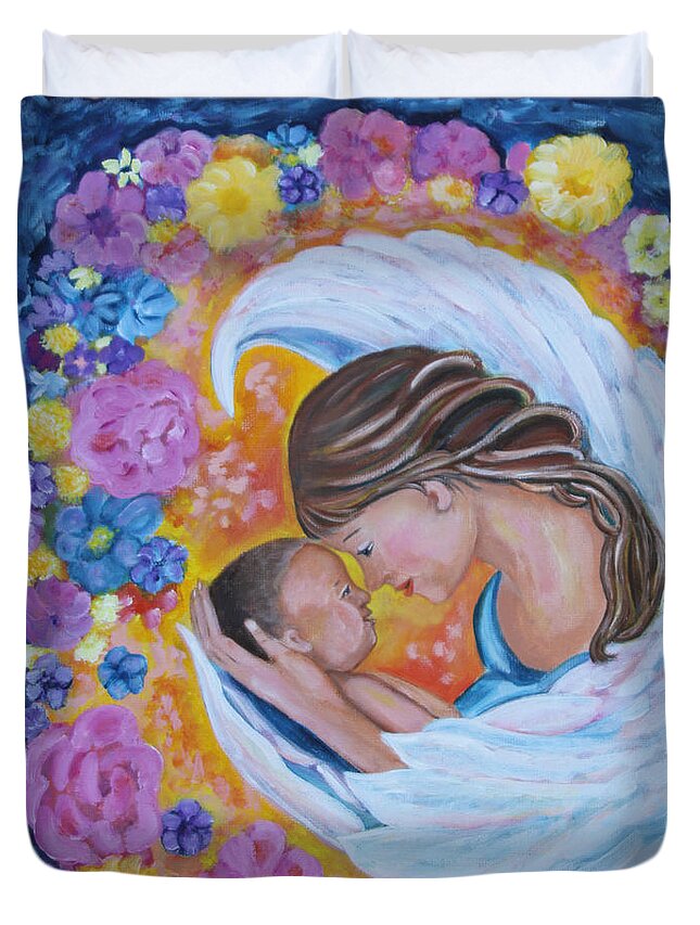Angel Duvet Cover featuring the painting Angel Mother and Child by Diana Haronis