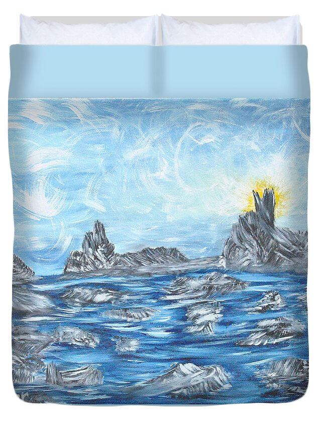 Ocean Duvet Cover featuring the painting Angel Rock by Suzanne Surber