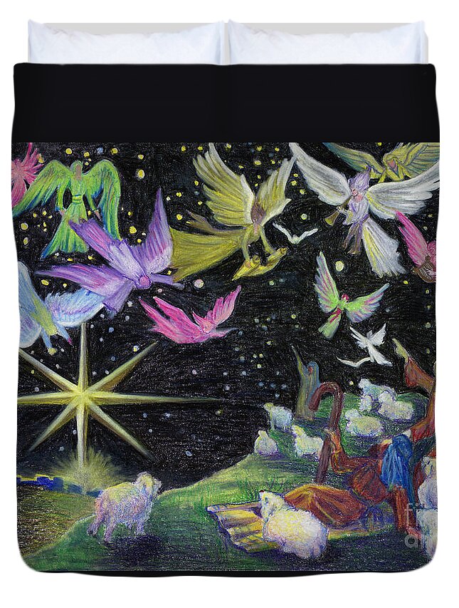 Nativity Duvet Cover featuring the painting Angel Skies by Nancy Cupp