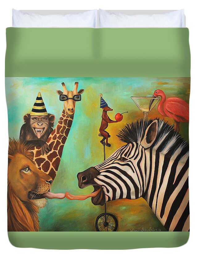 Chimp Duvet Cover featuring the painting Animals Gone Wild by Leah Saulnier The Painting Maniac