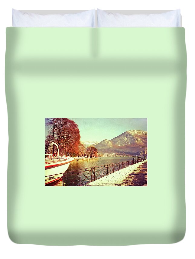 Winter Duvet Cover featuring the photograph Annecy Golden Fairytale. France by Jenny Rainbow