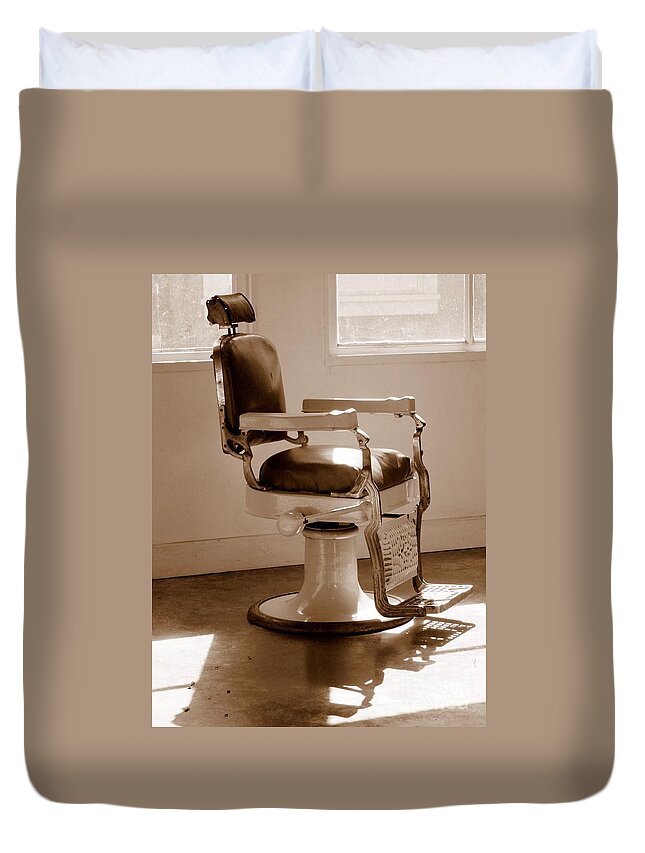 Sepia Duvet Cover featuring the photograph Antiquated Barber Chair in Sepia by Mary Deal