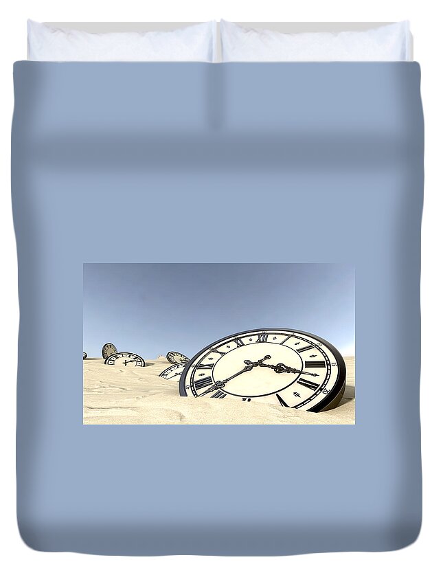 Clock Duvet Cover featuring the digital art Antique Clocks In Desert Sand by Allan Swart