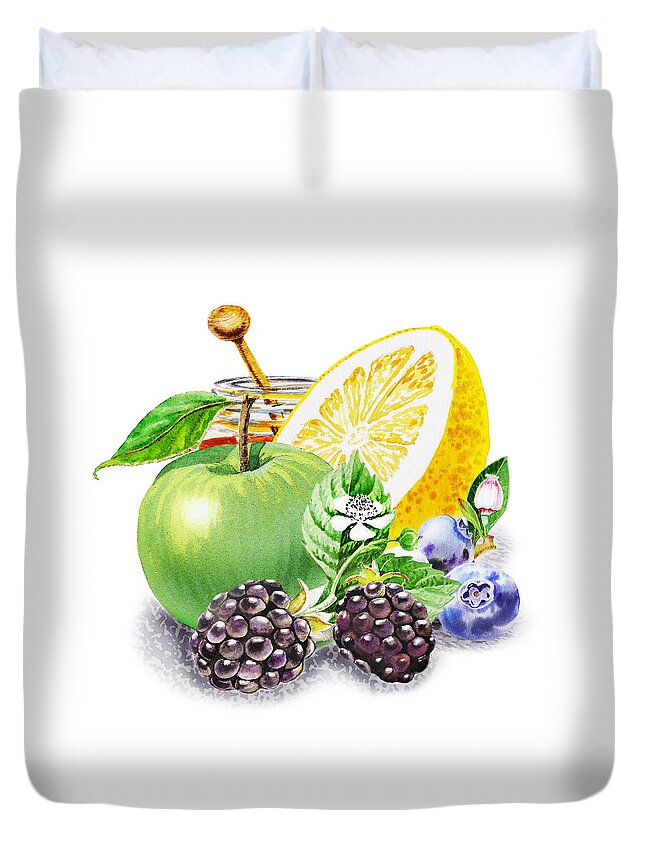 Apple Duvet Cover featuring the painting Apple Orange And Berries by Irina Sztukowski