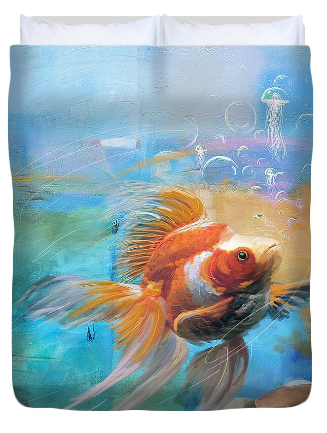  Duvet Cover featuring the painting Aqua Gold by Catf