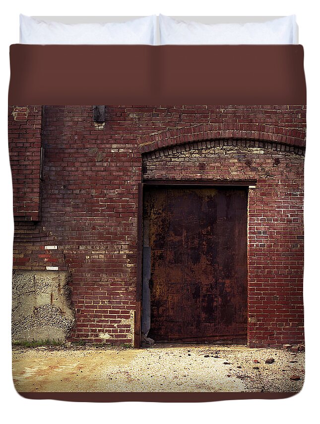 Rust Duvet Cover featuring the photograph Arch With Steel Door by Greg Kluempers