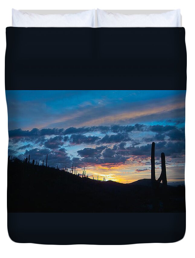 Arizona; Cactus; Cloudy; Color; Landscape; Saguaro; Sky; Sunrise Duvet Cover featuring the photograph Arizona Sunrise by Randall Ingalls