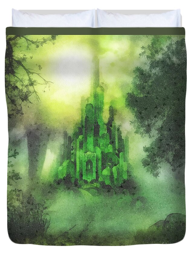 Emerald City Duvet Cover featuring the painting Arrival to Oz by Mo T
