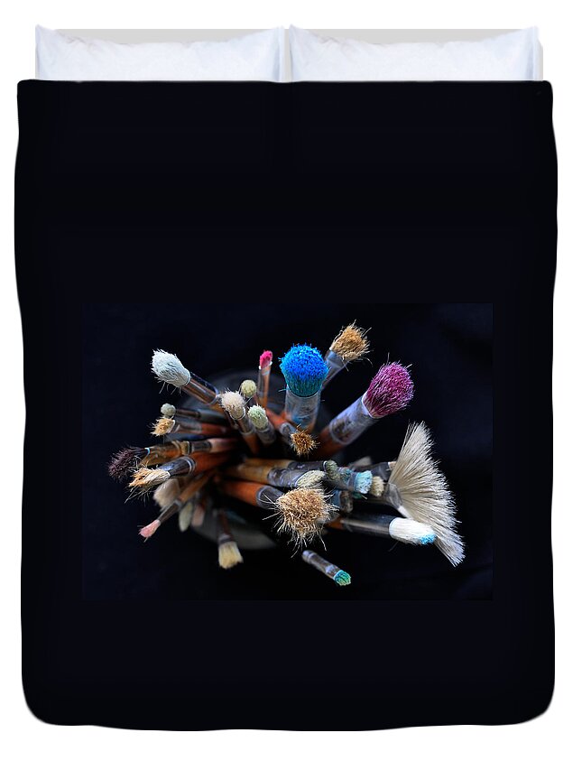 Tools Duvet Cover featuring the photograph Art brushes seen from above. by Ingela Christina Rahm