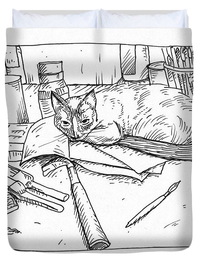 Art Cat Kitten Kitty Kitties Cats Humor Cartoon Funny Ink Paper Duvet Cover featuring the painting Art Cat by Steve Hunter