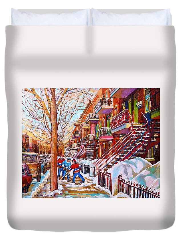 Montreal Duvet Cover featuring the painting Art Of Montreal Staircases In Winter Street Hockey Game City Streetscenes By Carole Spandau by Carole Spandau