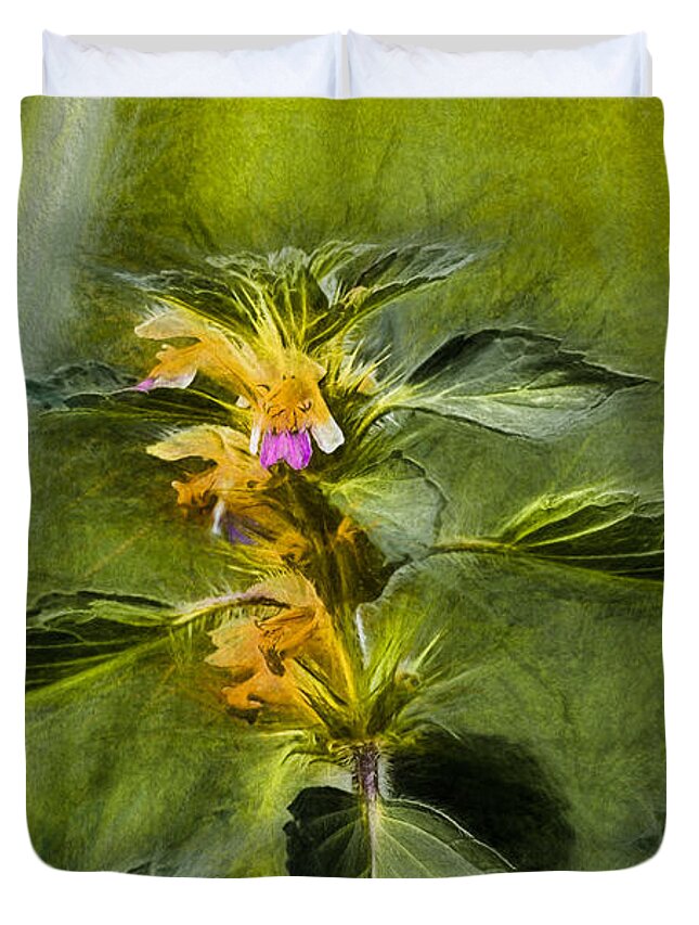 Artistic Duvet Cover featuring the photograph Artistic paiterly Nettle On Top Yellow Flower With Lilac Skirt Looking Forward by Leif Sohlman