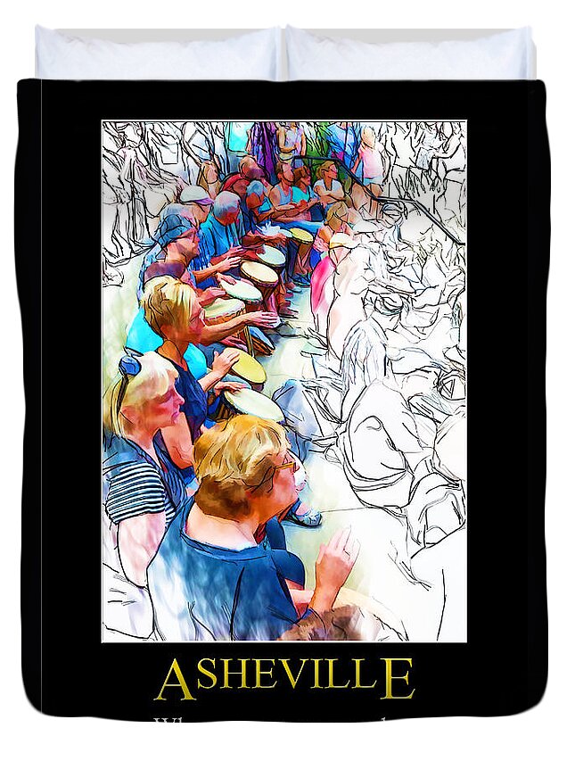 Asheville Duvet Cover featuring the digital art Asheville Drum Circle Poster by John Haldane